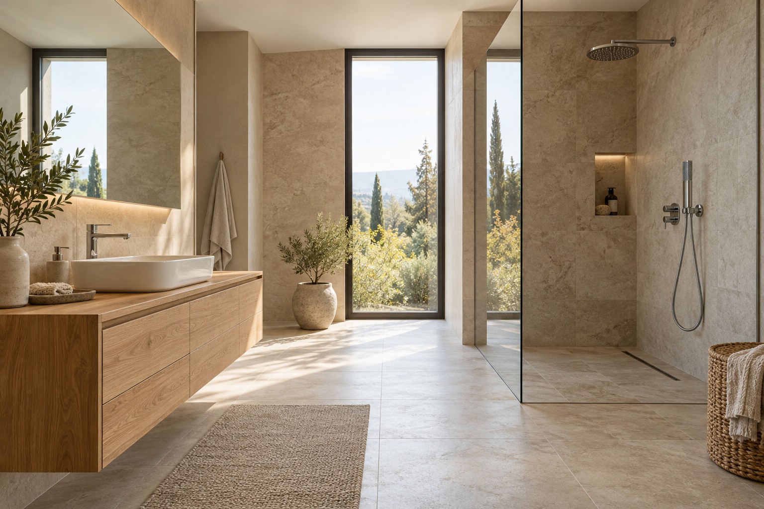 Modernes Badezimmer mit bodengleicher Dusche und Holzwaschtisch